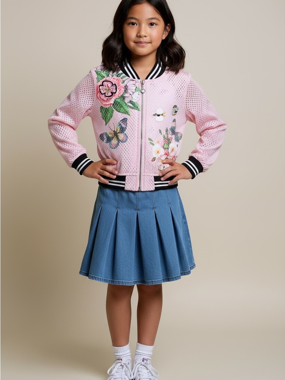 Hannah Pink Floral Mesh Bomber Jacket with Black-White Trim